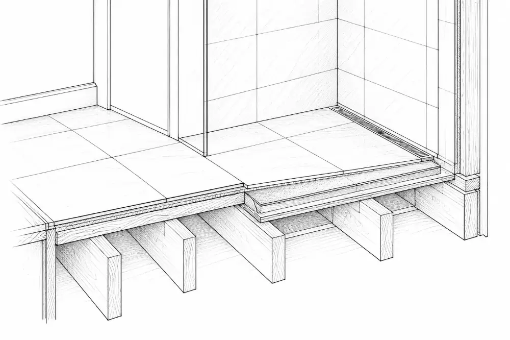 Section: recessed subfloor, no curb