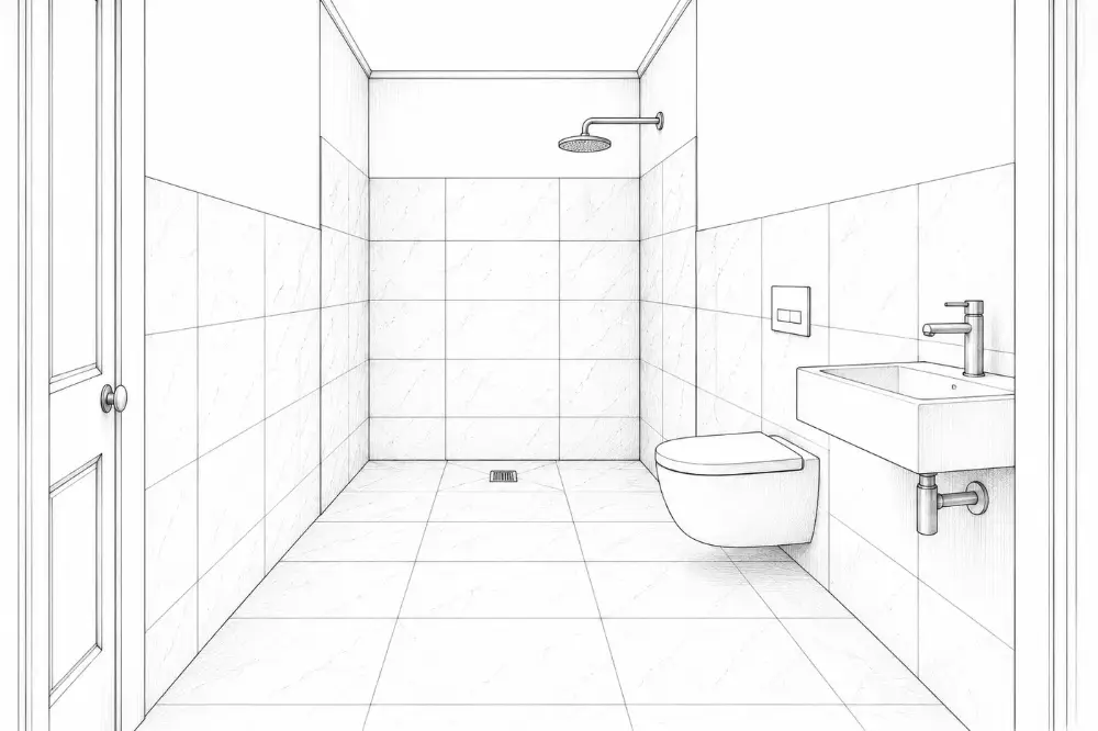 Open shower in waterproofed room