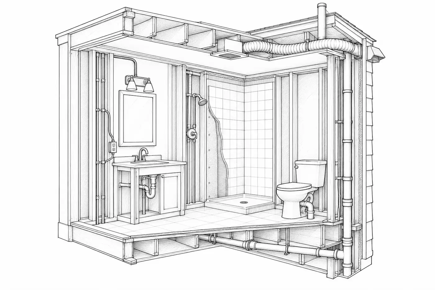 Cutaway of a bathroom: hot (red) and cold (blue) supply, drains to stack, vent, exhaust duct, wiring and waterproofing layer