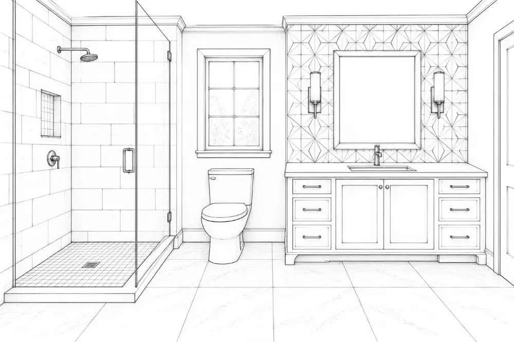 Bathroom with tile zones labeled: shower walls, shower floor, main floor, vanity wall