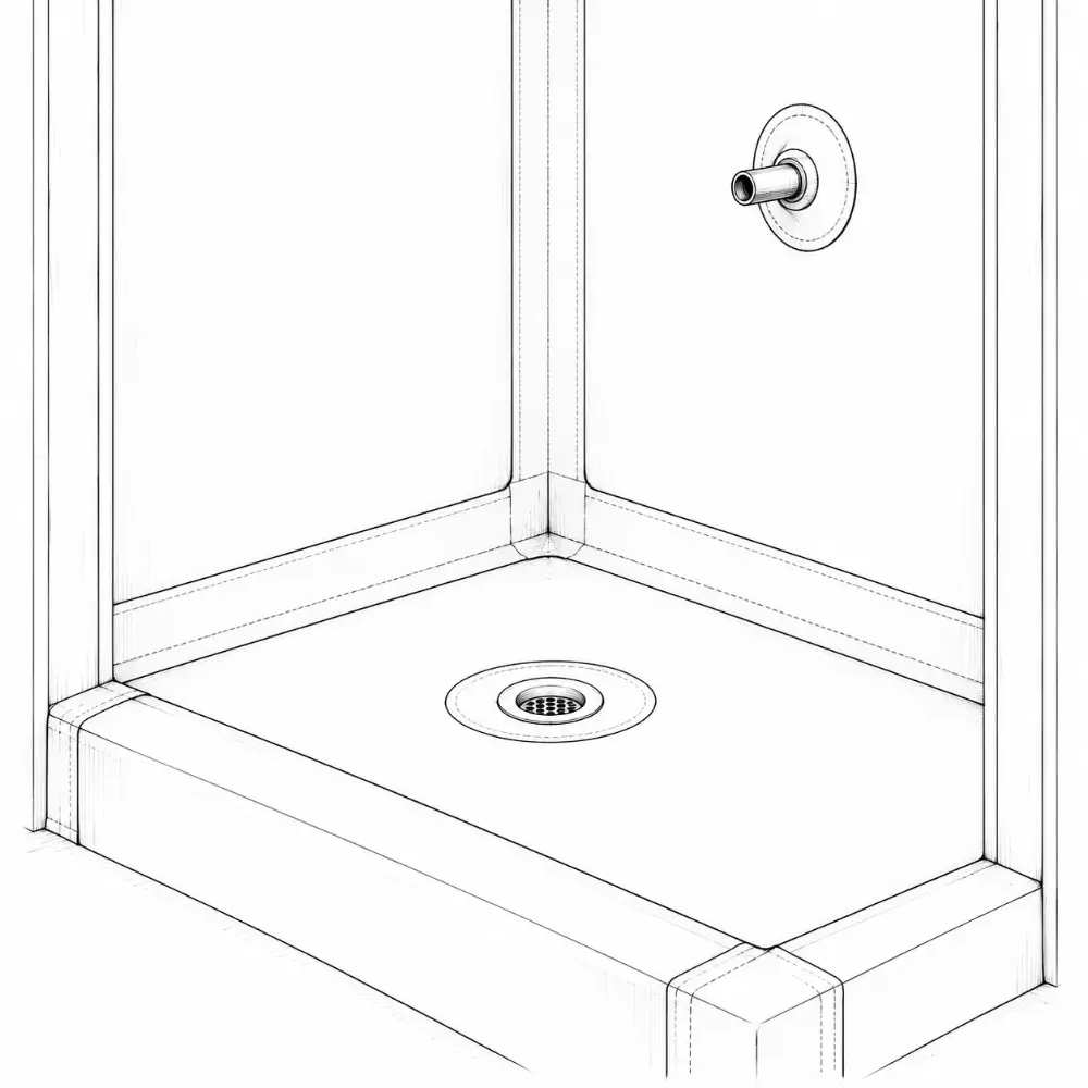 Six details: floor-wall corner, inside corner, pipe collar, drain, niche, curb