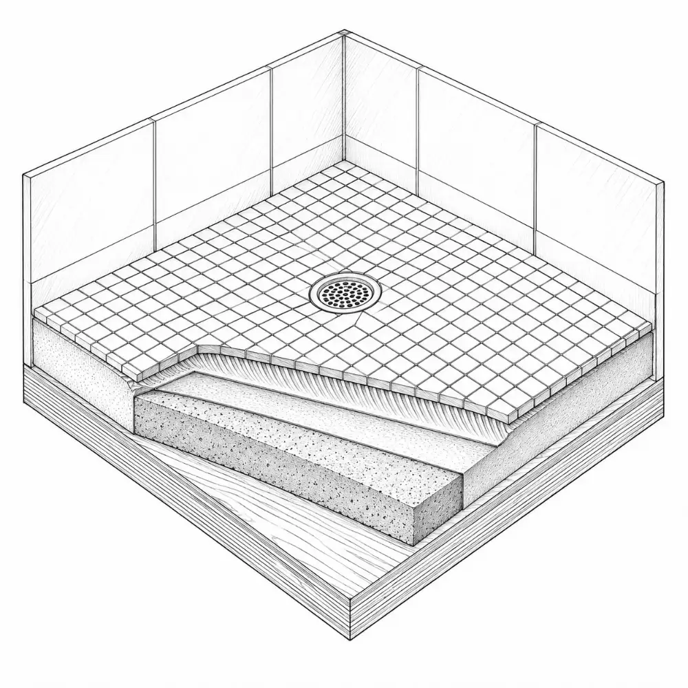 Section: tile, thinset, membrane, sloped mortar bed, subfloor