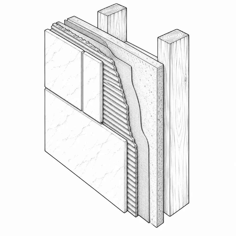 Section: tile, thinset, membrane, backer board, studs