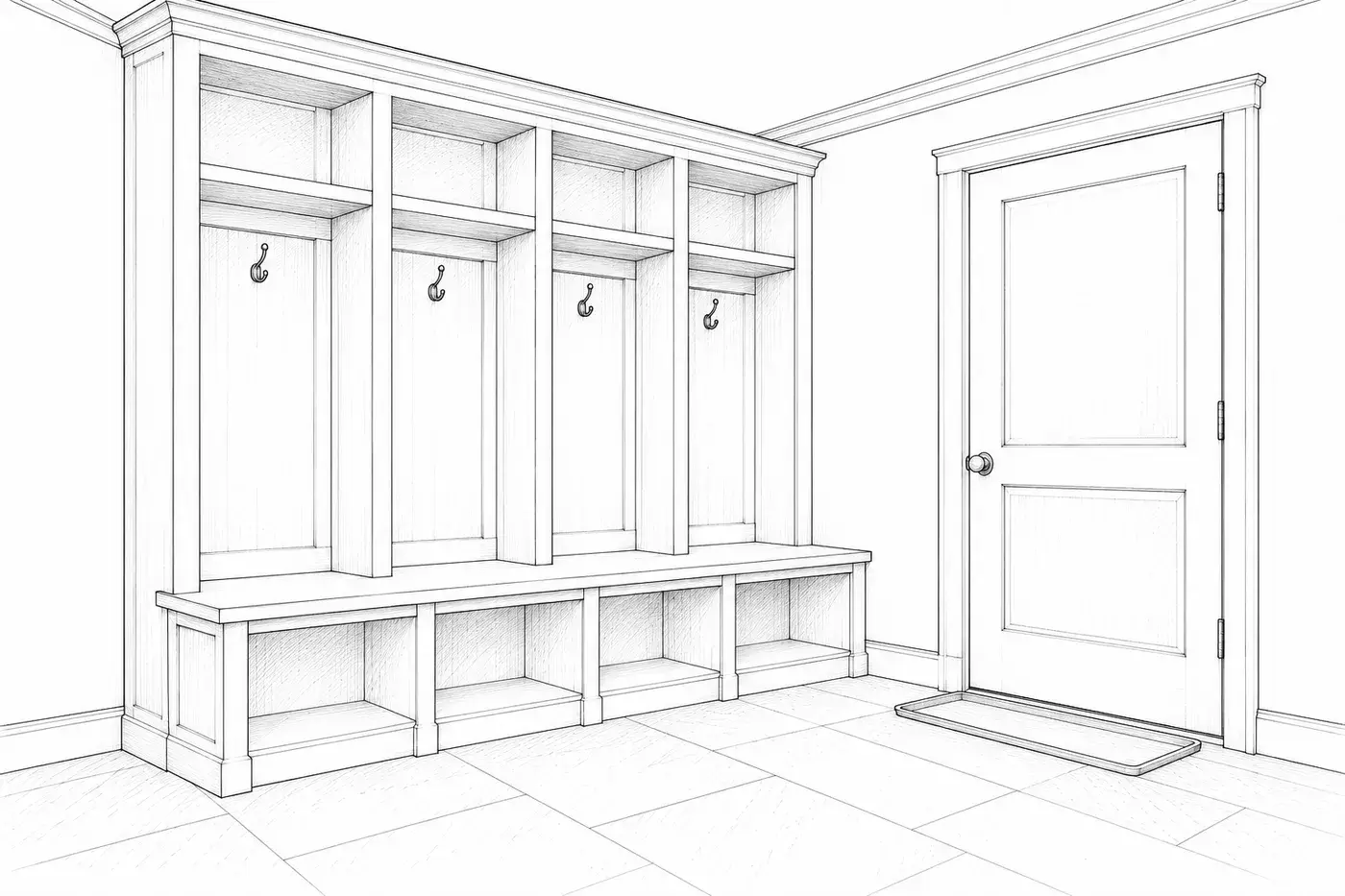 Perspective: mudroom with bench, cubbies, hooks, tile floor and door to garage