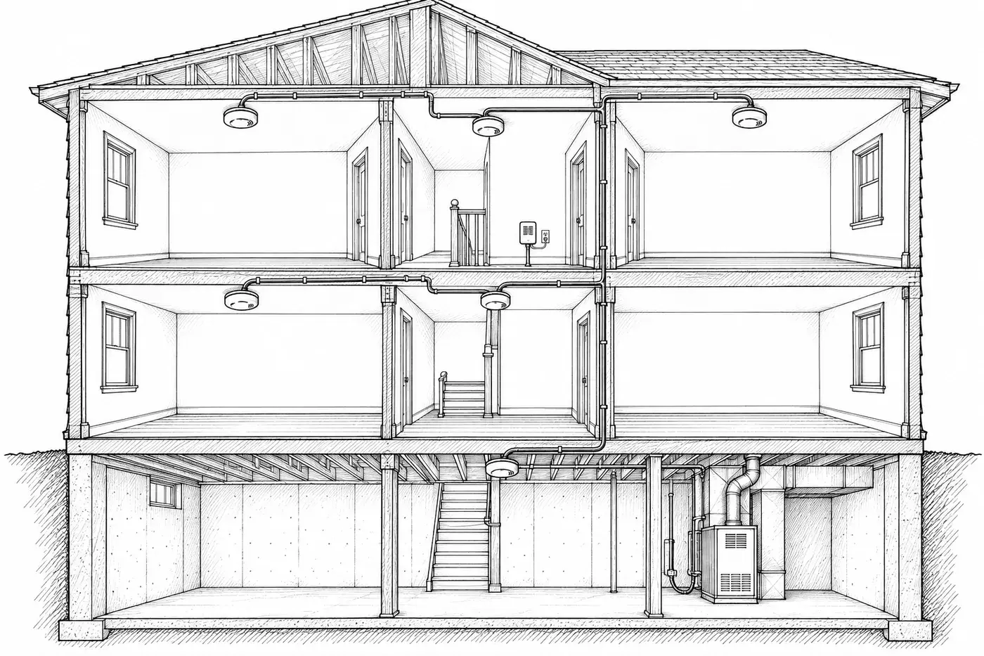 Two-story house section: smoke alarm in each bedroom, outside sleeping area, each floor, basement; CO alarms near bedrooms