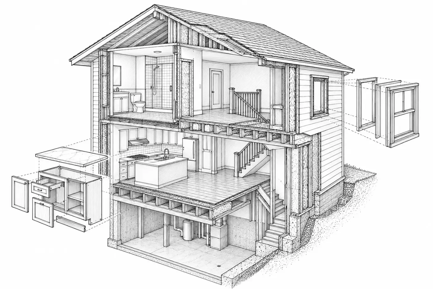 Cutaway of a two-story house with a basement: bathroom, kitchen, stairs and mechanicals inside, wall and floor layers at the cut, a base cabinet and a window unit pulled out in exploded view