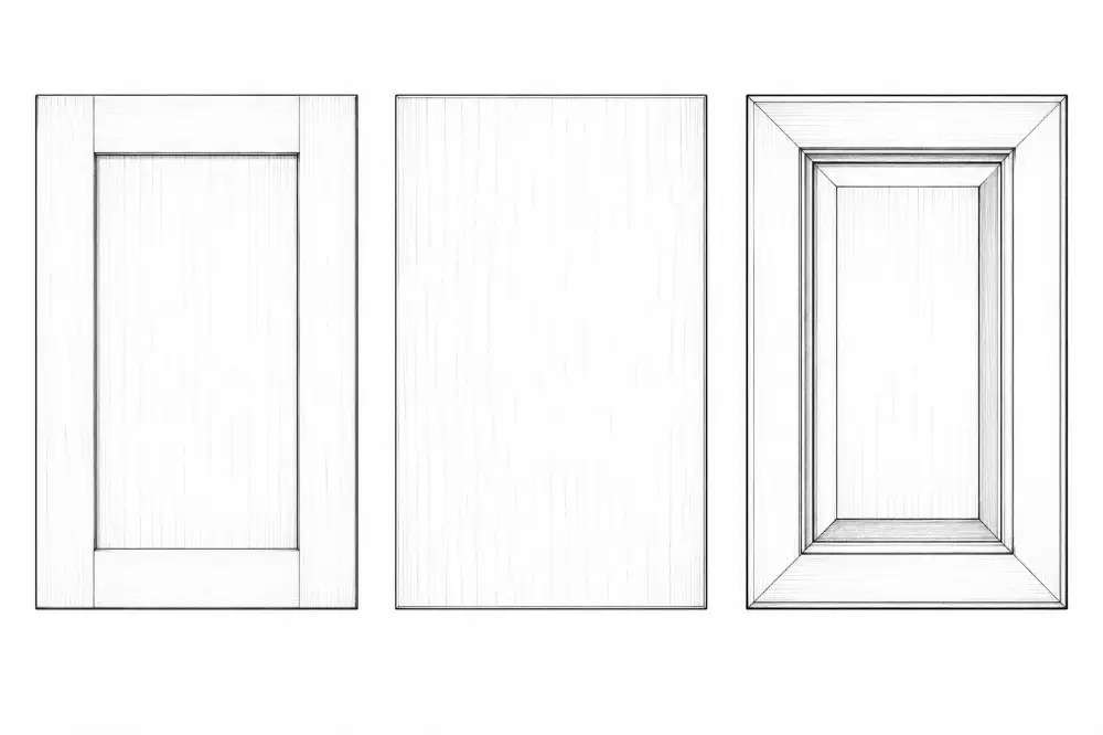 Four door elevations: shaker, slab, raised panel, beadboard
