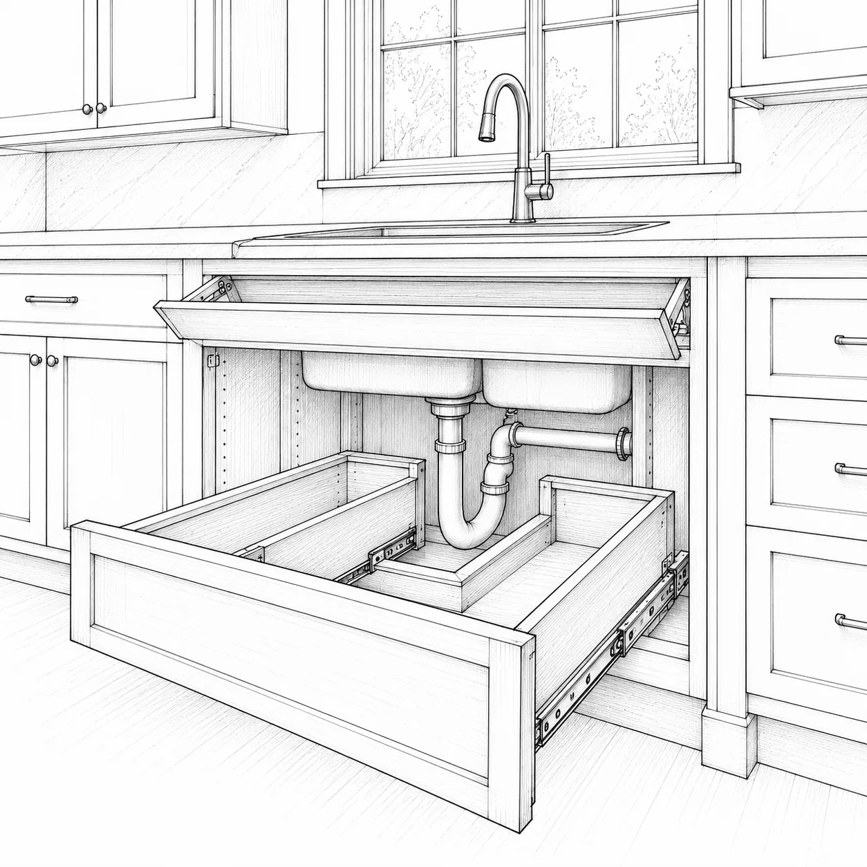 U-shaped drawer around plumbing