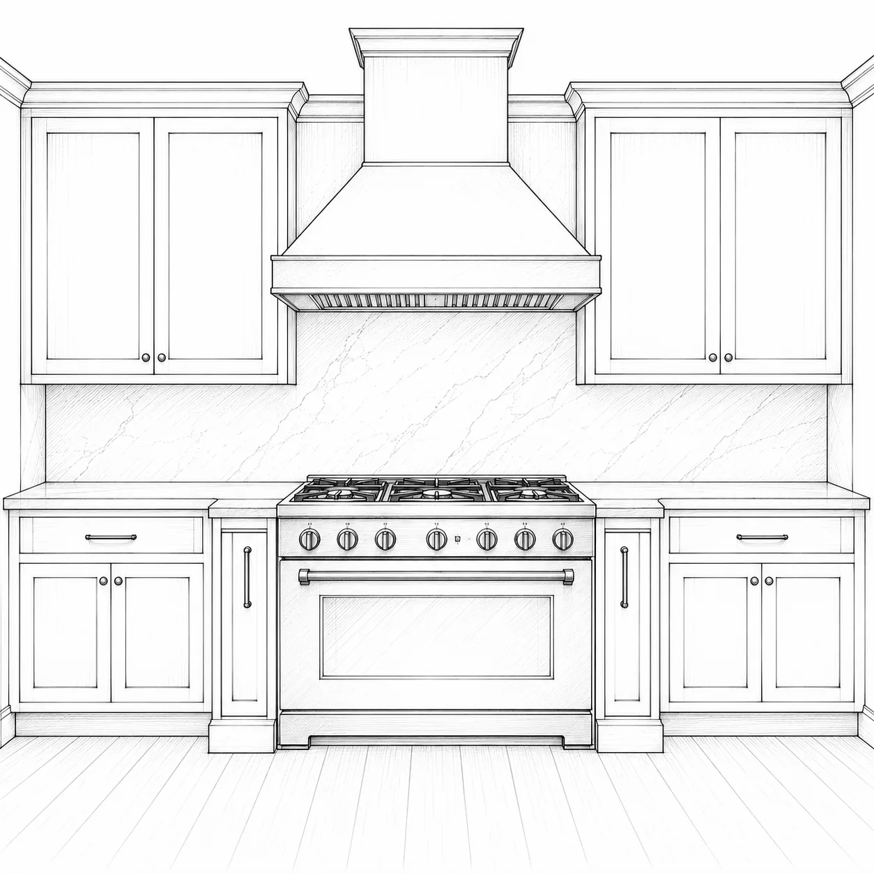 Elevation: cooktop with hood above