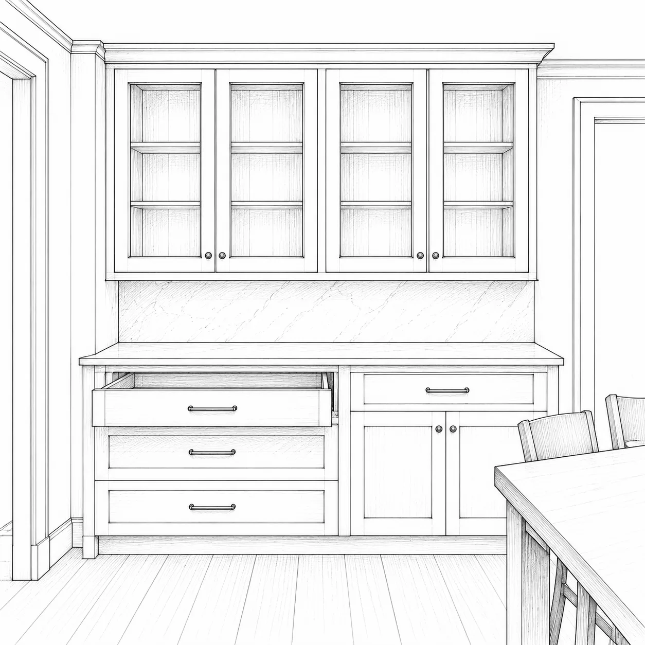 Elevation: plate storage near dining