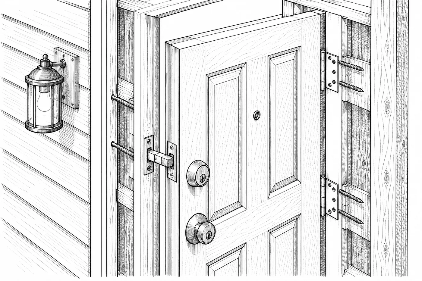 Exterior door with deadbolt, reinforced strike plate, 3″ screws into framing, viewer and lighting