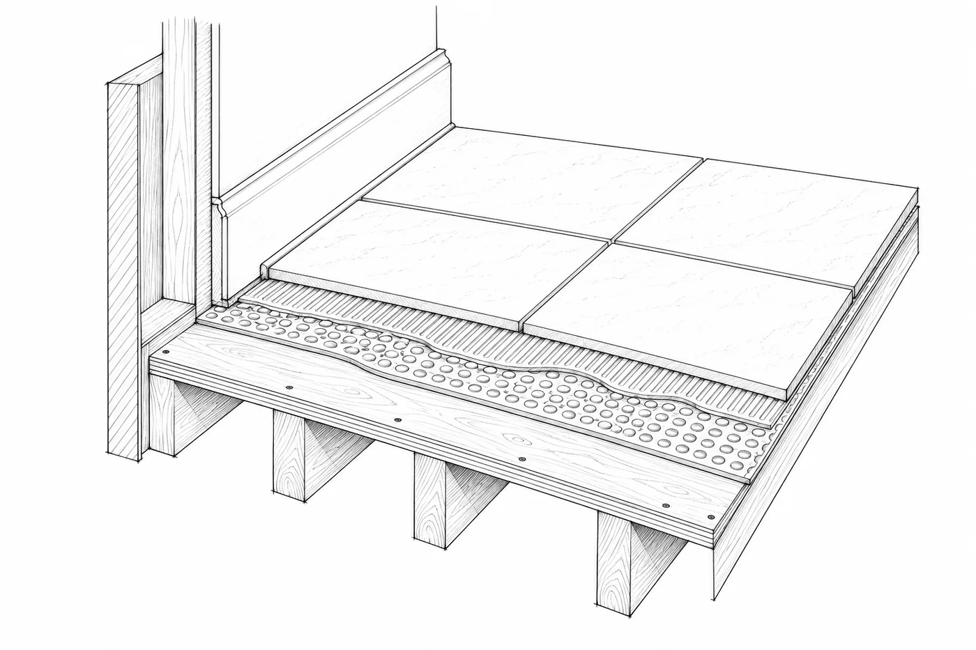 Section: joists, subfloor, underlayment/membrane, thinset, tile, grout, movement joint at wall